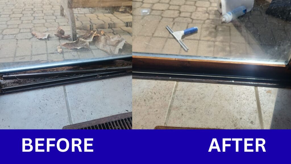 Before and after comparison of a sliding glass door repair in Cincinnati by Eagle's Locksmith, showing rusted track replacement and new roller installation.