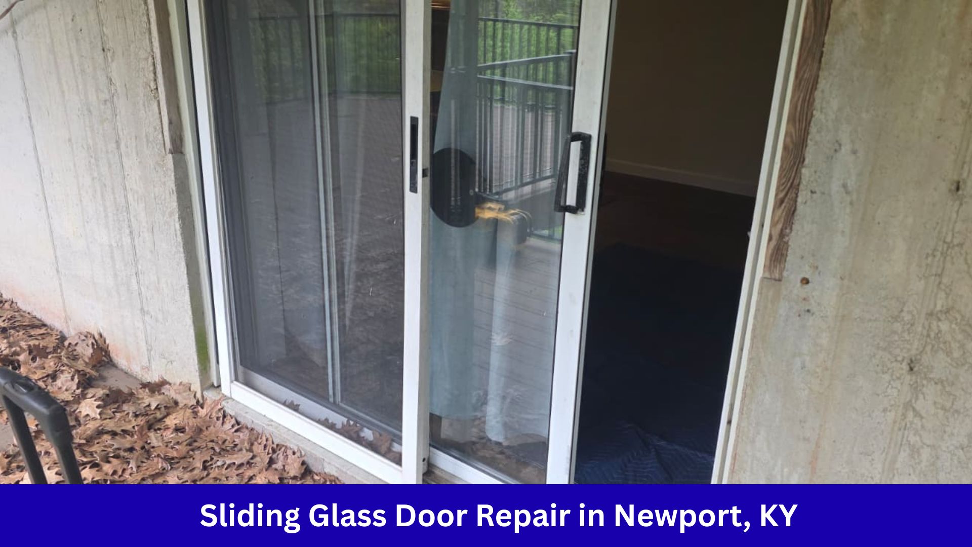 Eagle's Locksmith technician repairing a sliding glass door roller and track in Newport, KY