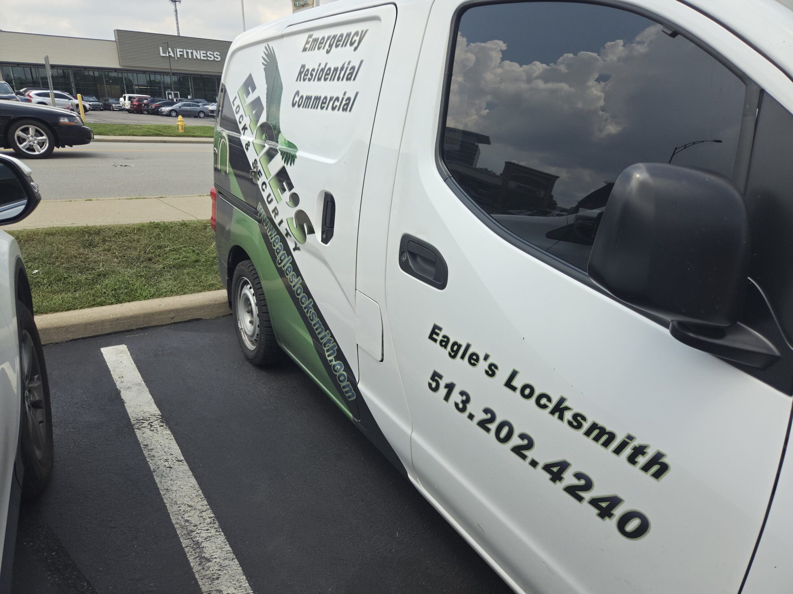 Eagle's Locksmith Cincinnati mobile service truck on a job site in Blue Ash, Ohio