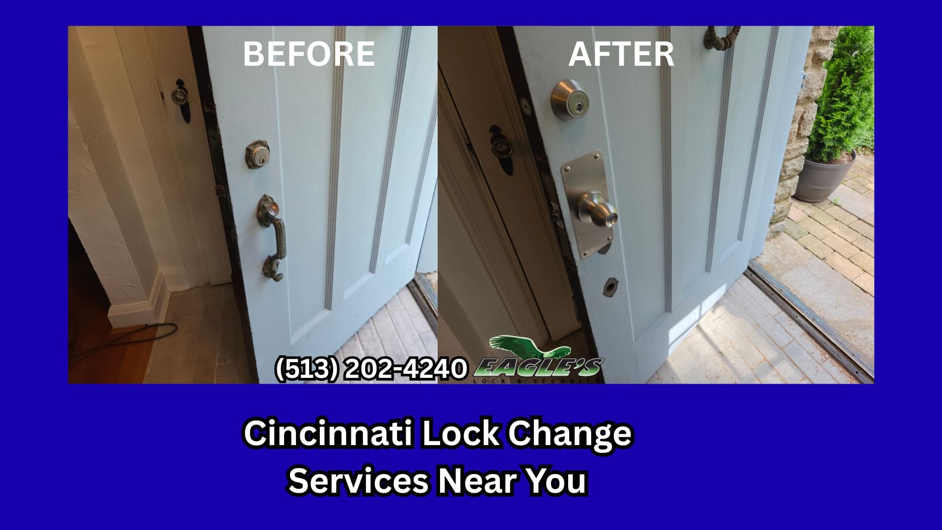 Before and after photo of an old worn lock replaced with a new deadbolt lock on a Cincinnati home