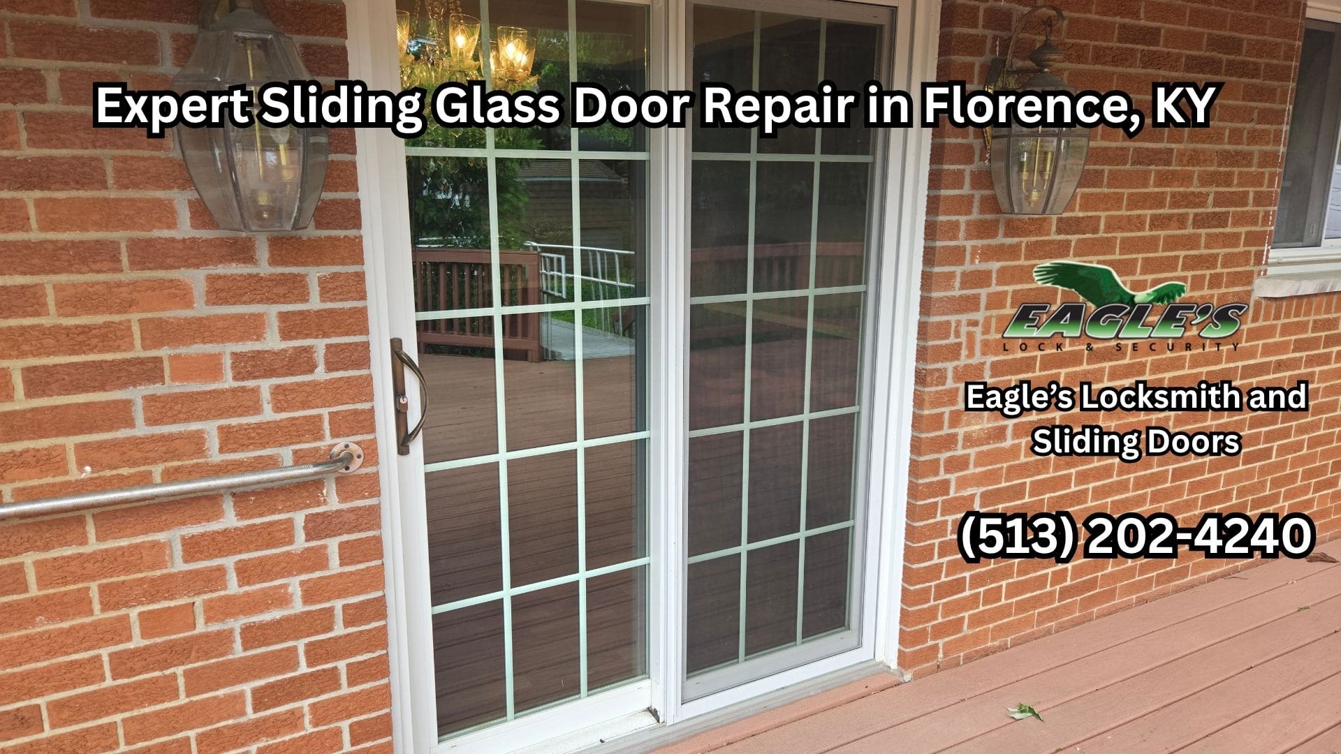 White-framed sliding glass patio door with grille panes on a brick home in Florence, KY, serviced by Eagle's Locksmith Cincinnati
