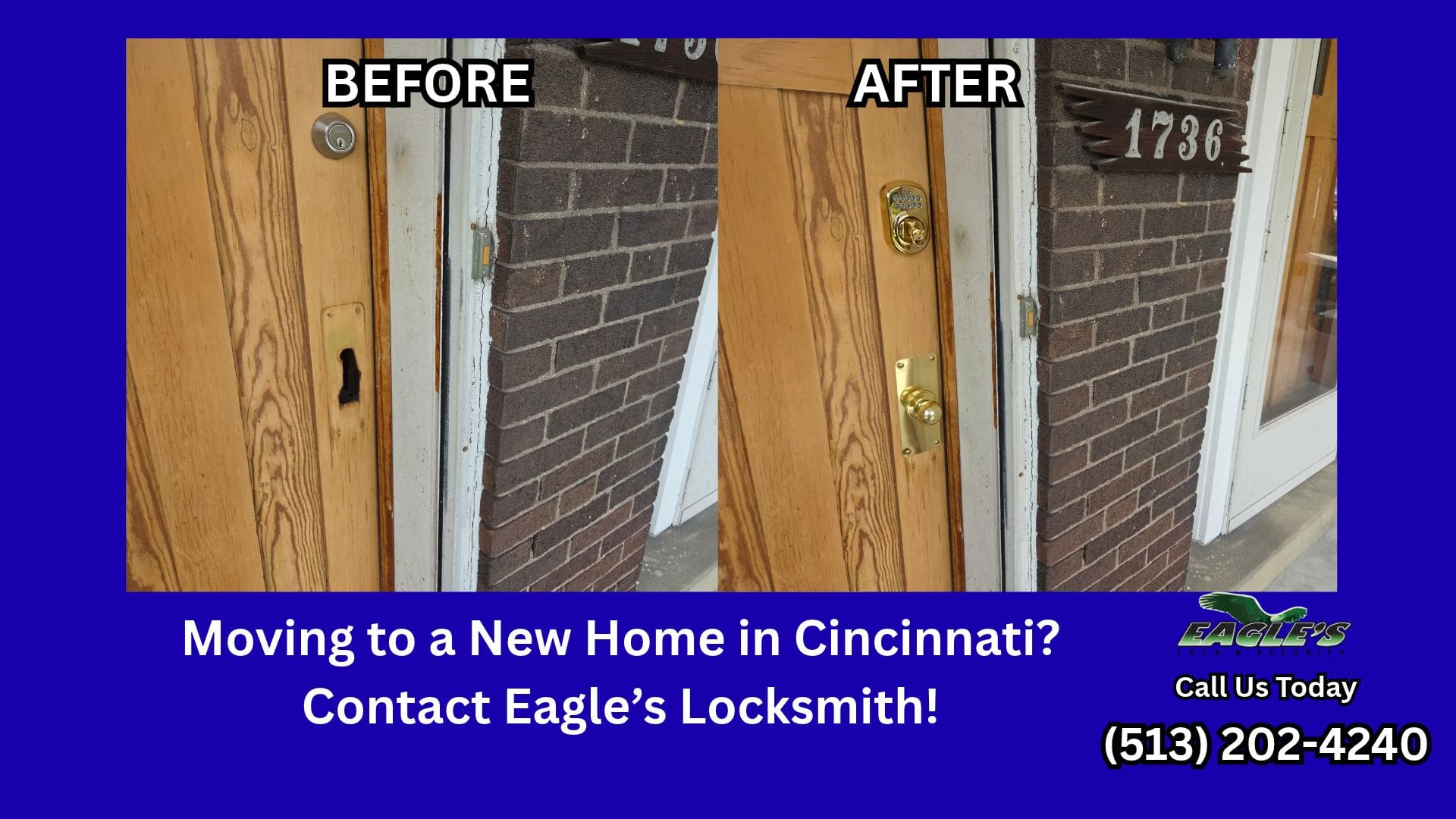 Before and after photo of a rekeyed front door lock in Cincinnati, showing old deadbolt replaced with new keyless entry deadbolt and knob