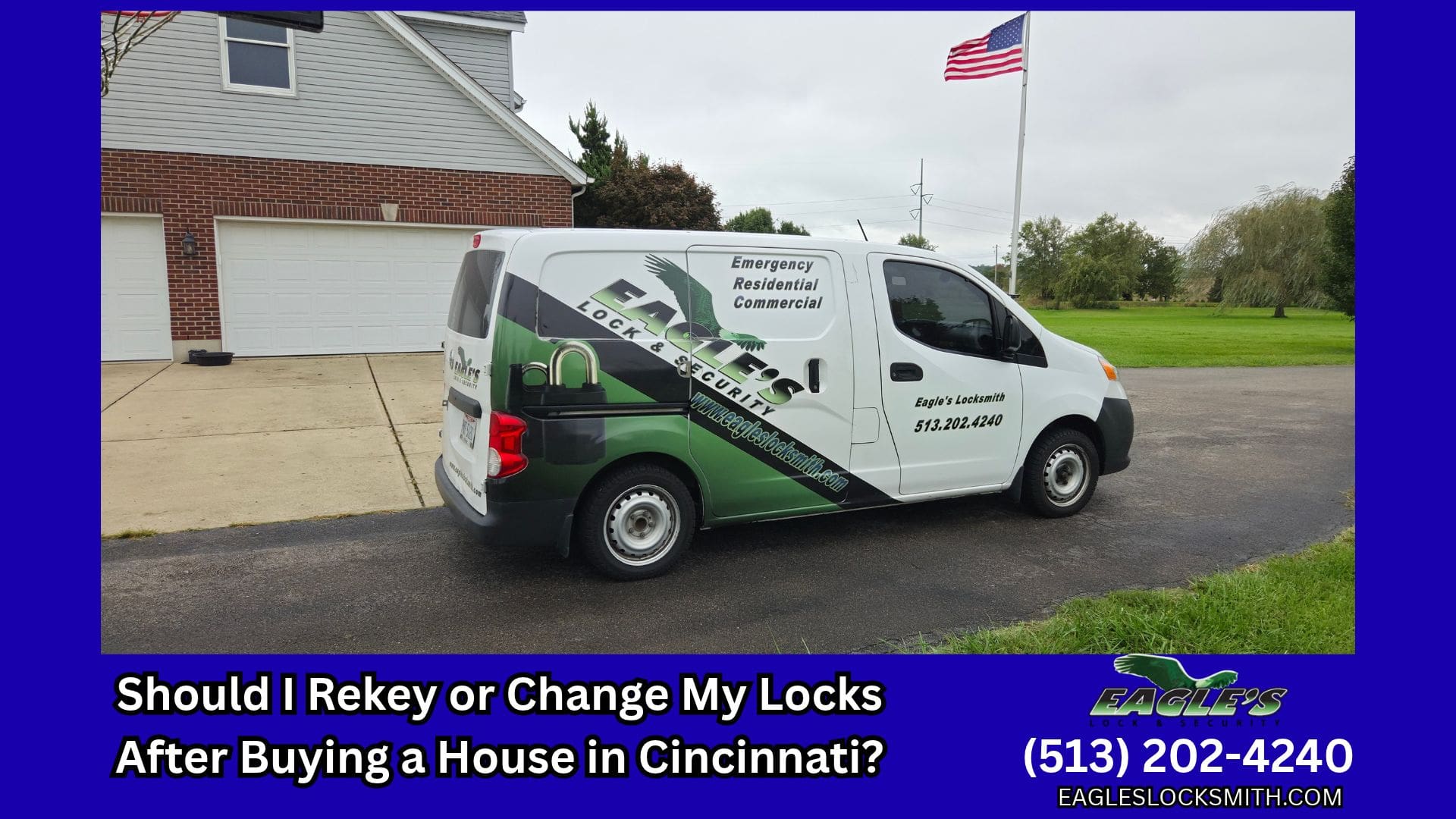 Eagle's Locksmith Cincinnati mobile locksmith truck parked outside a residential home for a lock change and rekey service